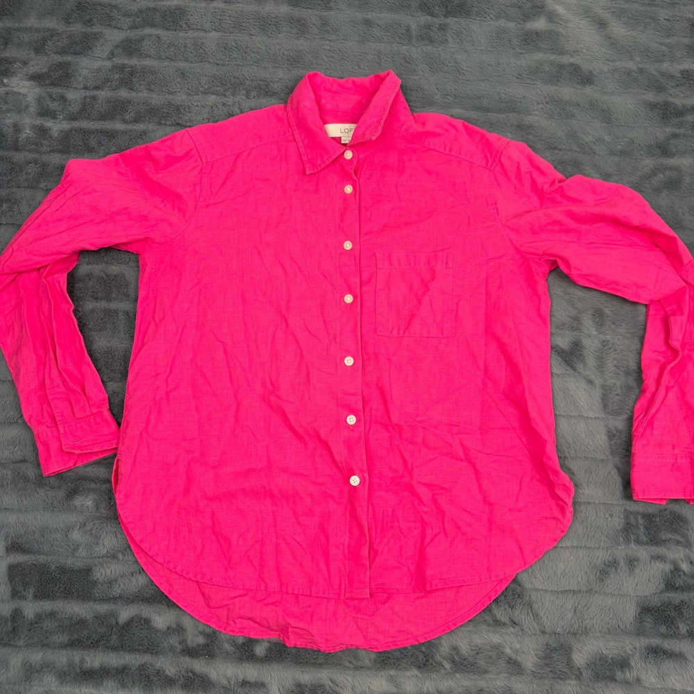 Loft Womens Hot Pink Linen Blend Button Down Shirt XXSP Long Sleeve Pocket 13155